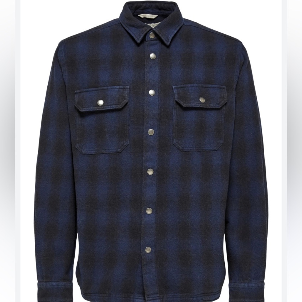 NWT Selected Homme ASOS Plaid Snap Button Blue Flannel Shirt Jacket. Size Small.